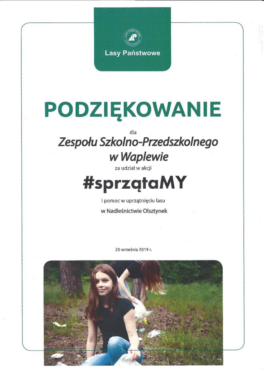 Podziękowanie dla ZS-P w Waplewie za udział w akcji #sprzataMY i pomoc w uprzątnięciu lasu w Nadleśnictwie Olsztynek