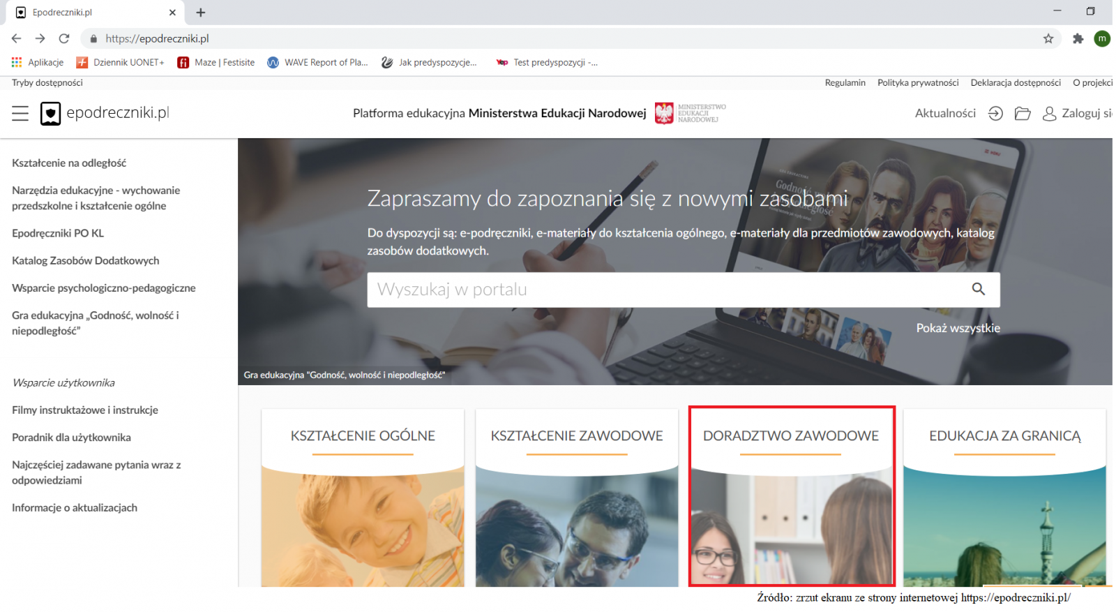 Zrzut ekranu strony głównej epodreczniki.pl Platformy edukacyjnej Ministerstwa Edukacji Narodowej z zaznaczonym w czerwona ramkę kaflem DORADZTWO ZAWODOWE